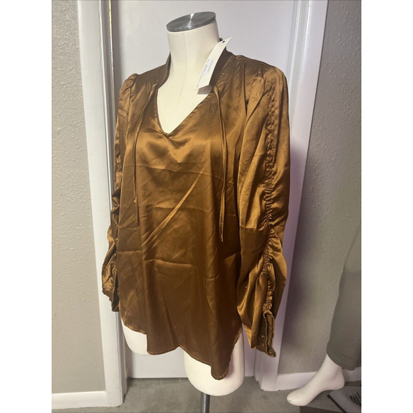 Women’s Rouched Long Sleeve Silky Soft Copper Vneck Blouse By Paparazzi - Picture 3 of 15